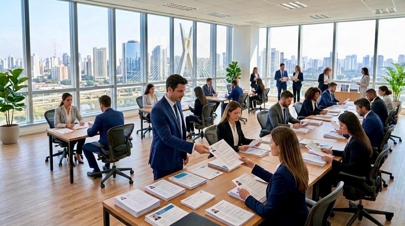 Colaboradores trabalhando em um ambiente moderno