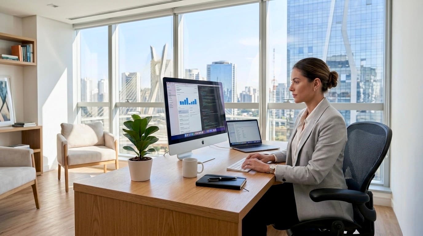 Profissional de RH avaliando relatórios e dados na Plataforma Diligentia