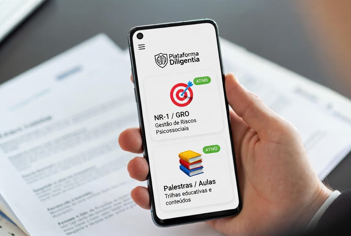 App da Plataforma Diligentia no celular — NR-1/GRO e trilhas de intervenção ativos